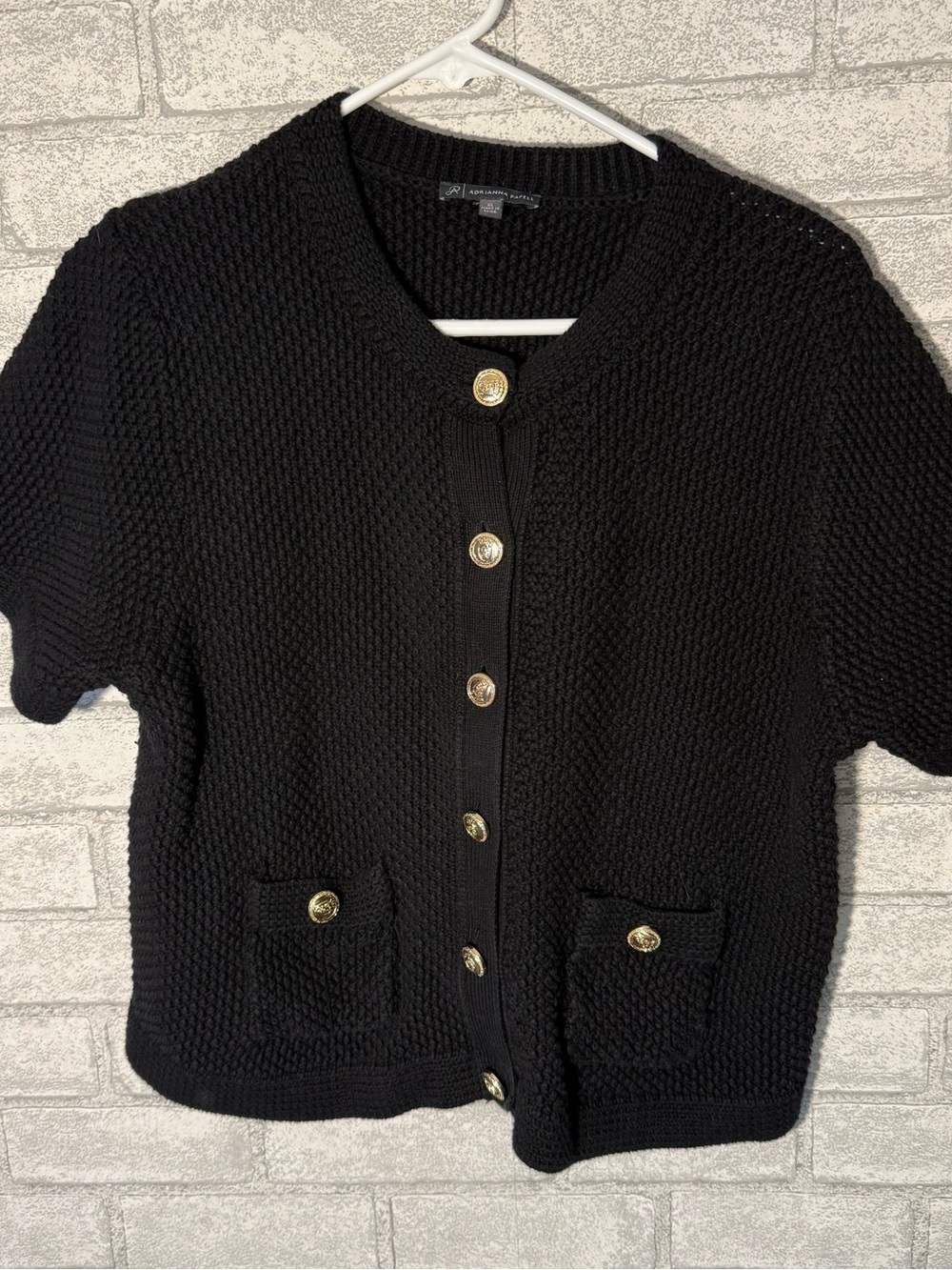 Black Short-Sleeve Textured Button Cardigan